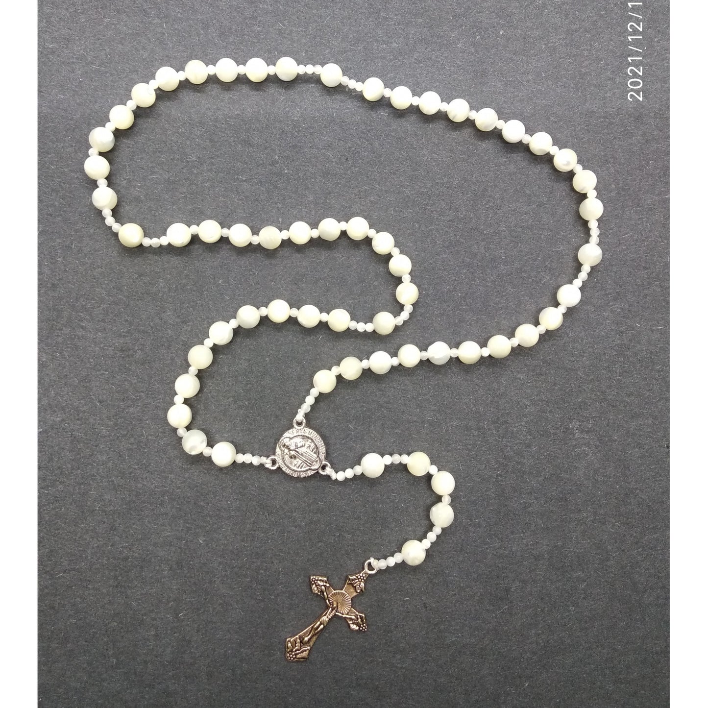 Pearl White Shell Beads Rosary with Silver Cross