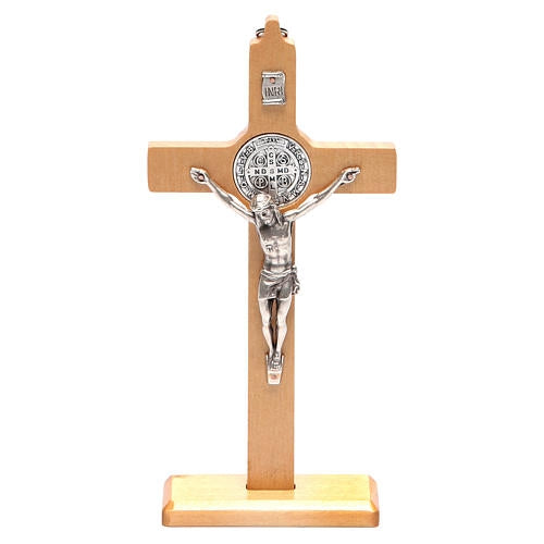 St Benedict Crucifix in Natural Wood with Base, 6.5" (Italy)