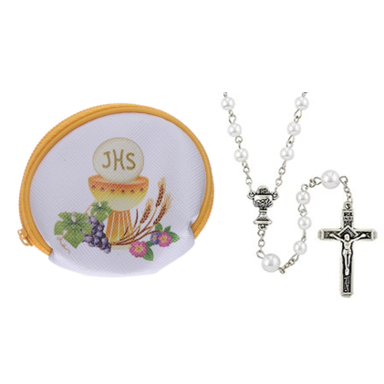 First Communion Rosary (White) with Pouch