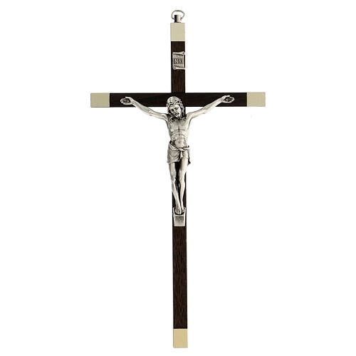 Crucifix in Polished Walnut Wood with Silver Corpus (Italy), 9"