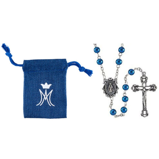Sapphire Imitation Pearl Rosary with Ave Maria Case