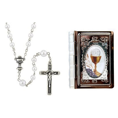 First Communion Rosary (White) with Bible Rosary Case