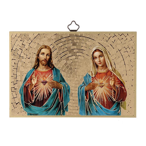 Woodcut Plaque - Sacred Heart of Jesus and Mary 6" (Made in Italy)