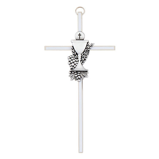 Chalice and Grapes First Communion Cross - White