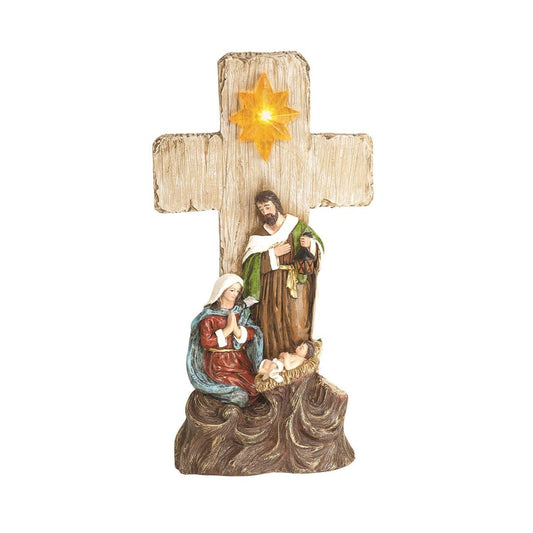 Holy Family Cross FigurIne with LED Star. 12"